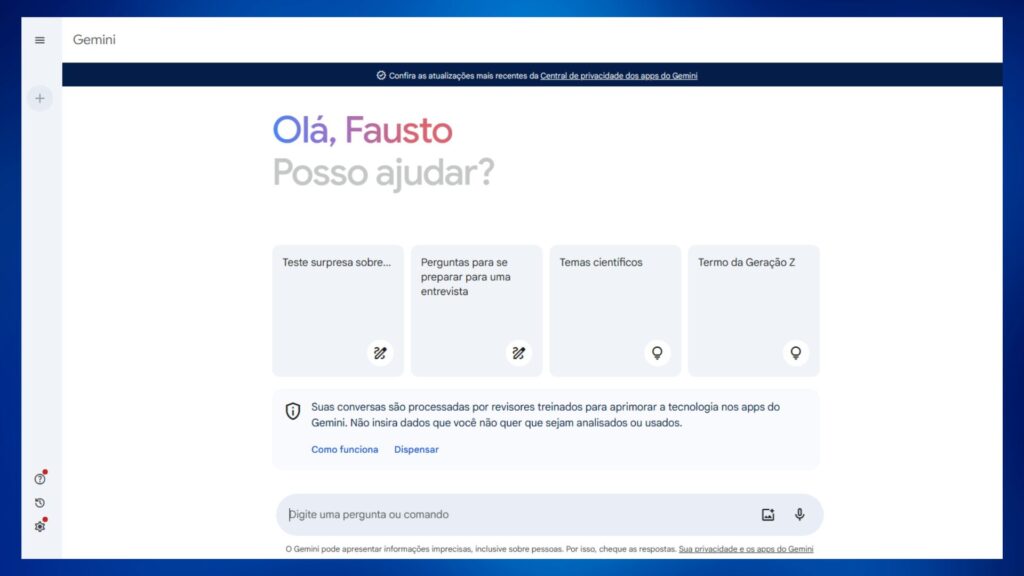 Tela inicial da Gemini com os dizeres: Olá, Fausto, posso ajudar?