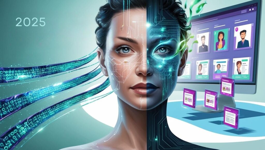 Uma imagem mostrando um rosto humano parcialmente composto por elementos digitais/circuitos, com dados personalizados fluindo ao redor