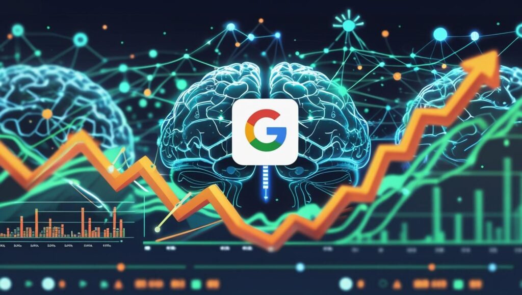 Uma imagem conceitual representando a fusão de inteligência artificial (redes neurais, cérebros digitais) com o logotipo do Google Ads e gráficos de crescimento.)
